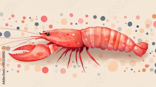 Vibrant Crustacean Illustration: A striking watercolor-style illustration of a vivid red shrimp, set against a backdrop of colorful, gently blurred circles.