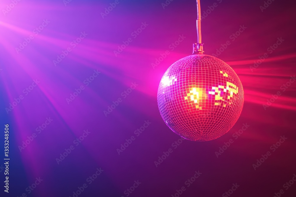 Fototapeta premium A shining disco ball hangs with beams of vibrant colored light