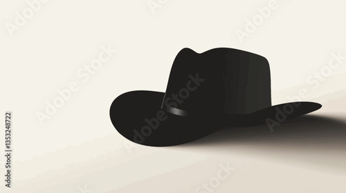 A digital illustration depicts a black cowboy hat lying on a light beige background. The hat is presented in a simple, minimal style, with a strong contrast between the dark hat and the light