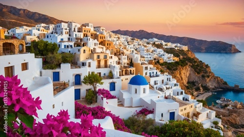 Picturesque hillside village in Greece with iconic whitewashed buildings and sea views