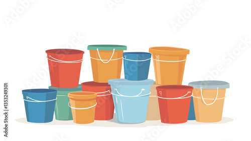 A digital illustration depicting a collection of various-sized buckets in a range of bright, flat colors. The buckets are stacked and arranged in multiple rows, creating a visually appealing