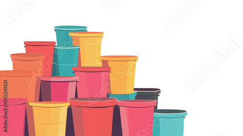 The image showcases a digital illustration of numerous cylindrical containers arranged in a triangular formation against a white background.  The containers are depicted in various bright, saturated