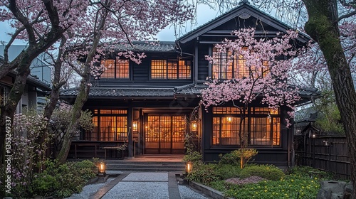 Evening view of a traditional Japanese house with cherry blossoms.