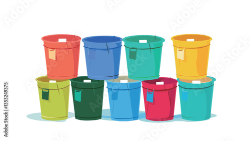 A digital illustration depicting eight cylindrical recycling bins arranged in two rows.  The bins are various bright colors including red, orange, yellow, green, blue, and teal. Each bin features a
