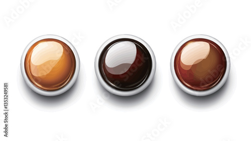 The image shows three circular bowls containing different variations of sauce.  Each bowl is slightly elevated from a white background, casting a subtle shadow. The sauces are glossy and smooth,