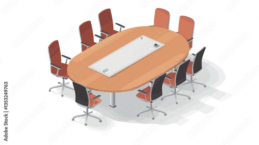 High-angle, full shot of an oval conference table with ten surrounding chairs. The table is light-colored wood with a lighter insert in the center. The chairs are a mix of black and burnt orange or High-angle, full shot of an oval conference table with ten surrounding chairs. The table is light-colored wood with a lighter insert in the center. The chairs are a mix of black and burnt orange or