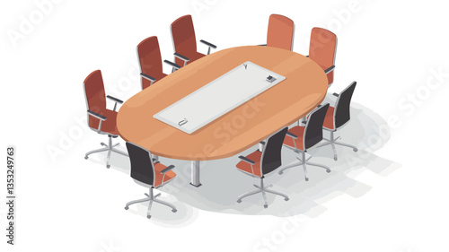 High-angle, full shot of an oval conference table with ten surrounding chairs. The table is light-colored wood with a lighter insert in the center. The chairs are a mix of black and burnt orange or