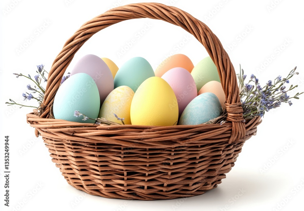 Colorful Easter Eggs in a Woven Basket with Lavender Flowers, Celebratory Decoration for Springtime Festivities and Family Gatherings Colorful Easter Eggs in a Woven Basket with Lavender Flowers, Celebratory Decoration for Springtime Festivities and Family Gatherings