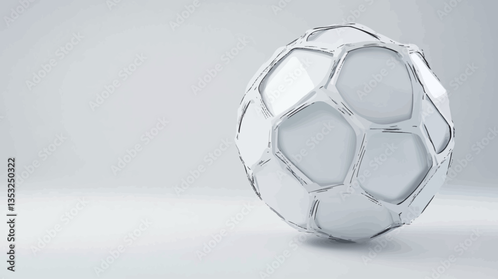 Naklejka premium A digital rendering of an abstract soccer ball. The ball is predominantly white with a subtle grey outlining the polygonal facets. The background is a plain, light grey, providing a high contrast