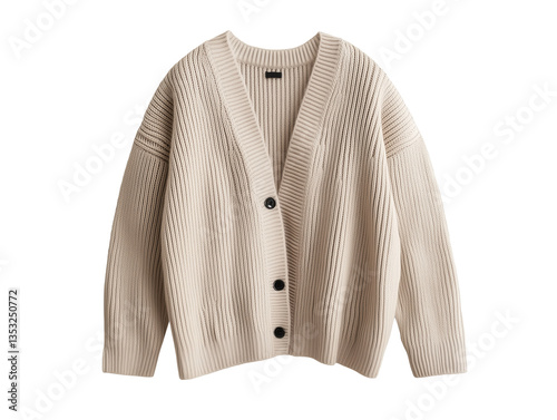 Beige Knitted Cardigan on White Background: Cozy Fashion for Cold Seasons