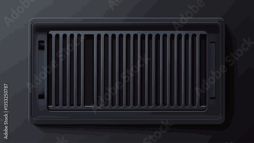 Close-up shot of a rectangular ventilation grille set against a dark background.  The grille is black and features a series of evenly spaced vertical slits. The overall aesthetic is minimalist and