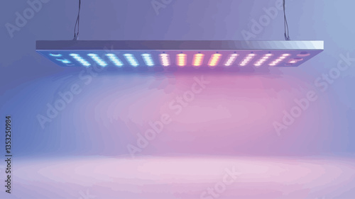 The image shows a rectangular, metallic-looking LED light fixture suspended horizontally against a plain light grey background. The fixture emits a gradient of purple, pink, and blue light, creating