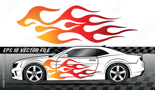 Burning tires and flame sports car decal vinyl sticker. Racing car speed fire flames vector art graphic. Side decoration for car, auto, truck, boat, suv, motorcycle.