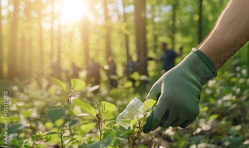 Fototapeta Naklejka Na Ścianę i Meble -  Person in green gloves picking up plastic bottle from forest floor amidst nature conservation effort.