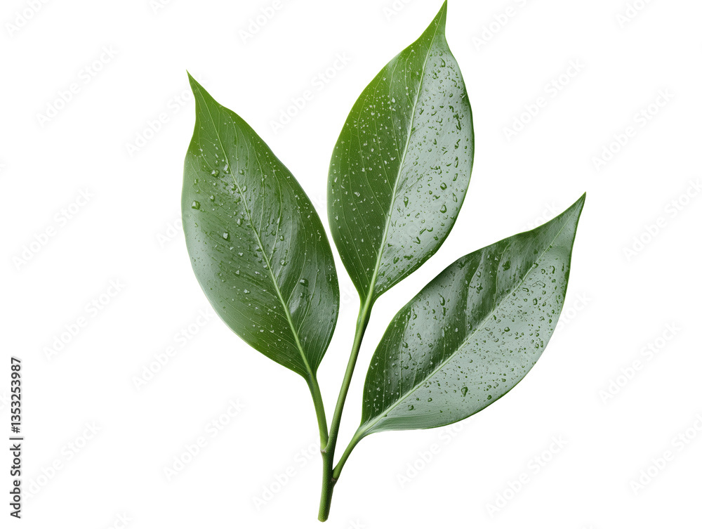 Fototapeta premium Three Fresh Green Leaves with Water Droplets on White Background