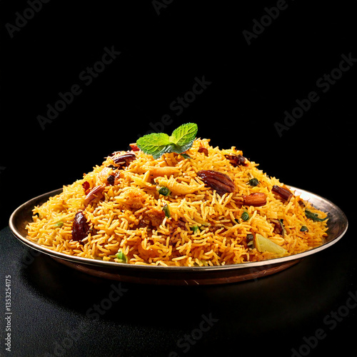 A large plate of biryani rice isolated on a black background