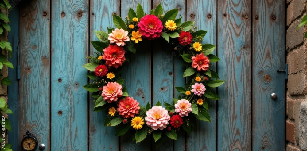 Fototapeta premium Floral wreath on a vintage wooden gate, country charm, garden party theme