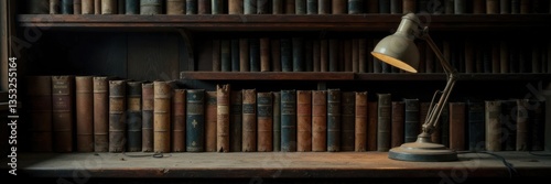 Forgotten library bookshelf with dusty books and old lamp, tome, leather photo