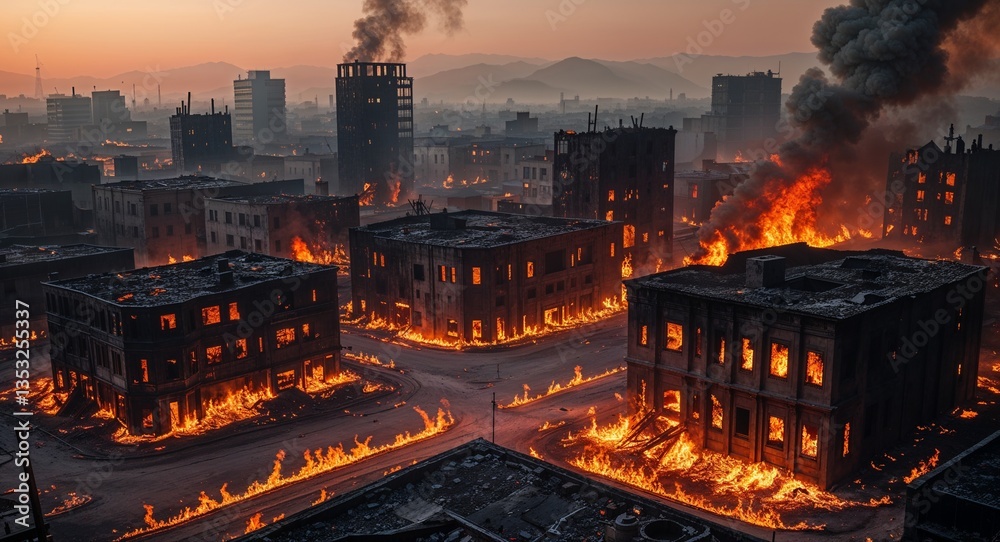 Firescorched cityscape with glowing embers and blackened buildings Firescorched cityscape with glowing embers and blackened buildings