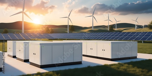 Renewable energy system with solar panels, wind turbines, and battery storage in a scenic landscape. Sustainable power generation with modern clean energy technology for a greener future

