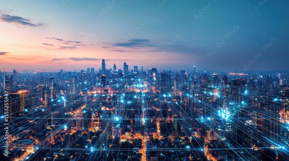 Fototapeta premium Futuristic cityscape at twilight, illuminated by a network of digital connections.