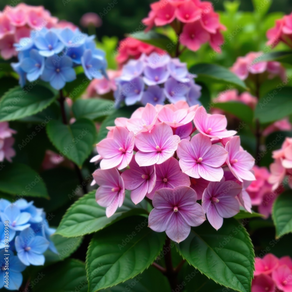 Hydrangea flower blooms in garden with colorful flowers, garden bouquet, outdoor flowers Hydrangea flower blooms in garden with colorful flowers, garden bouquet, outdoor flowers