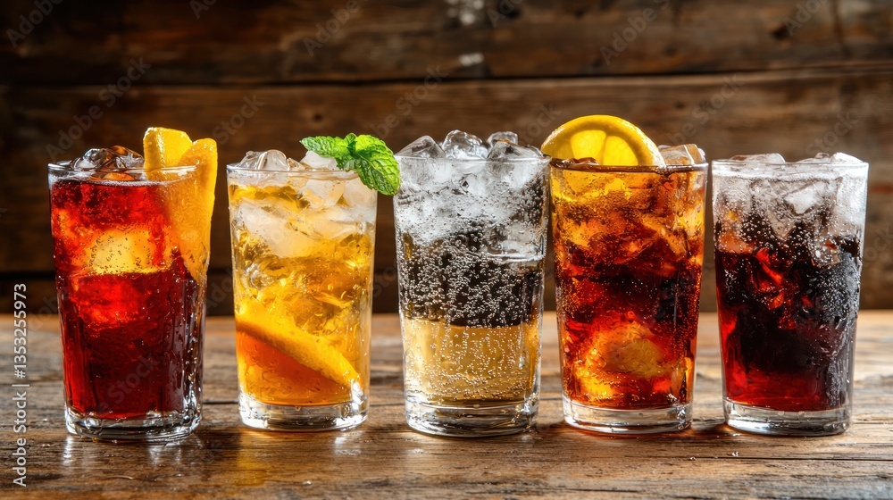 A variety of ice-cold drinks on a wooden bar counter during summer.