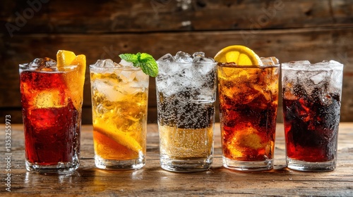 A variety of ice-cold drinks on a wooden bar counter during summer.