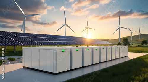 Renewable energy system with solar panels, wind turbines, and battery storage in a scenic landscape. Sustainable power generation with modern clean energy technology for a greener future


