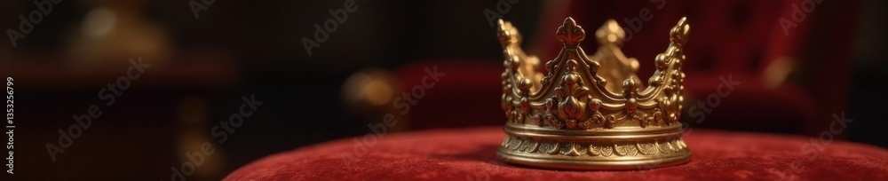 Obraz premium Ornate golden crown perches atop an intricately carved wooden base with gilded edges and velvet upholstery, regal accessories, luxurious furniture, antique decor