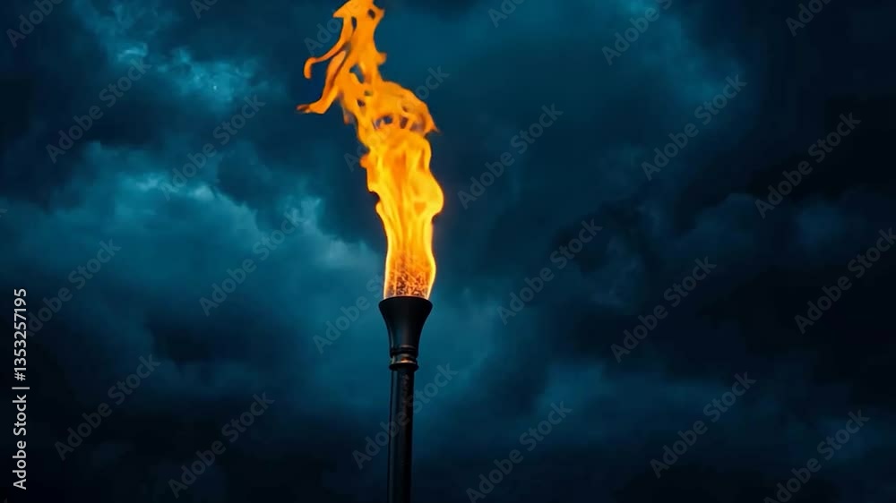 a torch with the olympic flame against a night stadium.