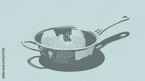 A high-angle, close-up studio shot of a stainless steel fine mesh strainer against a light teal background. The strainer is shown at a slight angle, displaying its bowl, perforations, and long