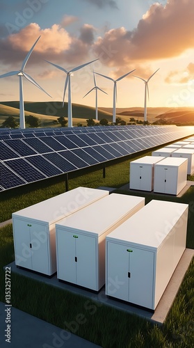 Renewable energy system with solar panels, wind turbines, and battery storage in a scenic landscape. Sustainable power generation with modern clean energy technology for a greener future

