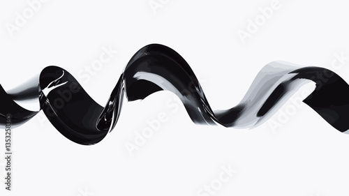 The image presents a horizontal, abstract composition featuring a swirling, ribbon-like form. The primary color is black, with subtle variations in tone and shading suggesting depth and movement.