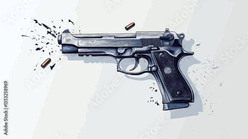 A digitally created or painted illustration depicts a handgun with bullets seemingly exploding outward from the barrel. The handgun is positioned at a slight angle on a white background. The bullets