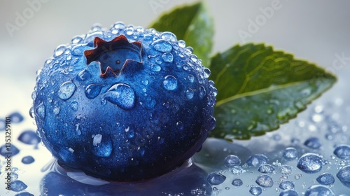 Single blueberry with dew drops, white background, realistic texture