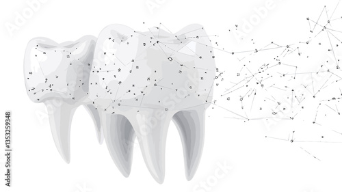 A 3D rendering depicts a close-up view of three teeth. The teeth are primarily white, with a textured surface suggesting enamel.  A translucent, mesh-like structure covers parts of the teeth,