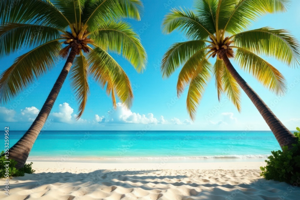 Fototapeta premium Warm sandy beach under vintage palm trees with turquoise ocean, palm trees, ocean