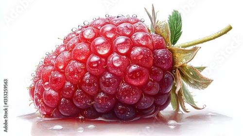 Single raspberry with dew drops, white background, 