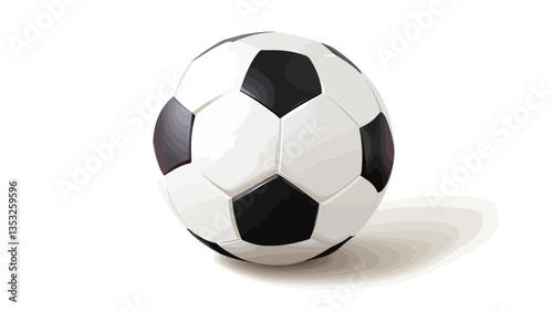 A high-angle, full shot of a classic black and white soccer ball against a pure white background. The ball is positioned slightly off-center, casting a subtle shadow below.  The image is sharply