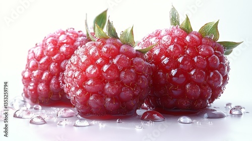 Single raspberry with dew drops, white background, 