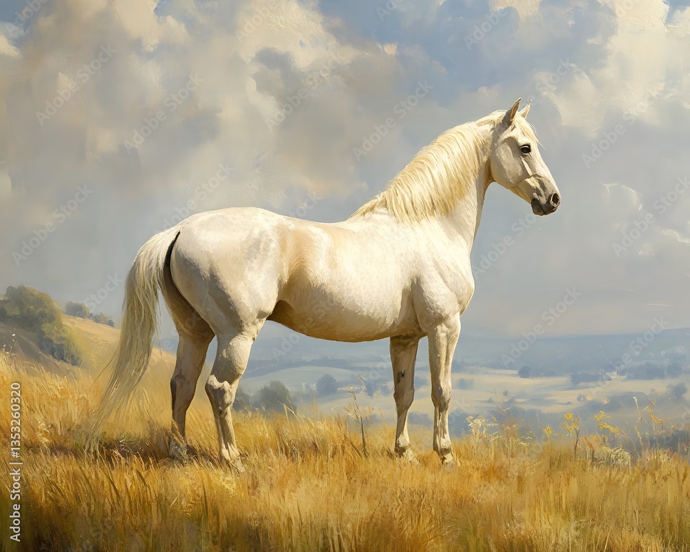 Obraz premium A majestic white horse stands gracefully in a golden field under a vast sky. The serene landscape captures the beauty of nature and the elegance of this magnificent creature.