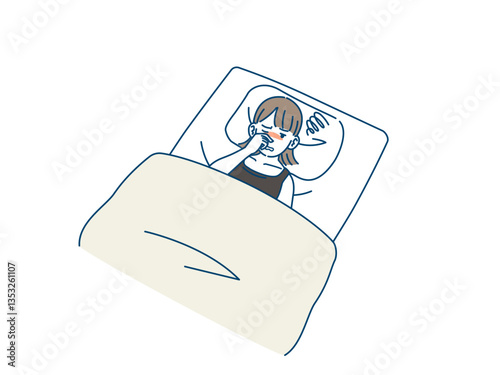 鼻詰まりで眠れず困る若い女性のイラスト