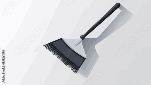 A high-angle, close-up shot of a stylized broom against a plain white background. The broom is depicted in a minimalist style with a dark gray or black triangular brush head and a simple, dark