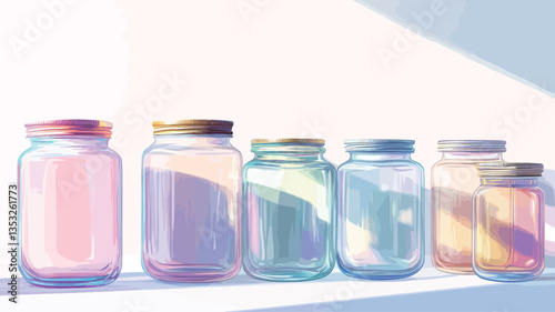 The image is a digital illustration depicting a row of seven glass jars of varying sizes and shapes.  The jars are rectangular and cylindrical, with simple lids in pastel colors. The jars are mostly
