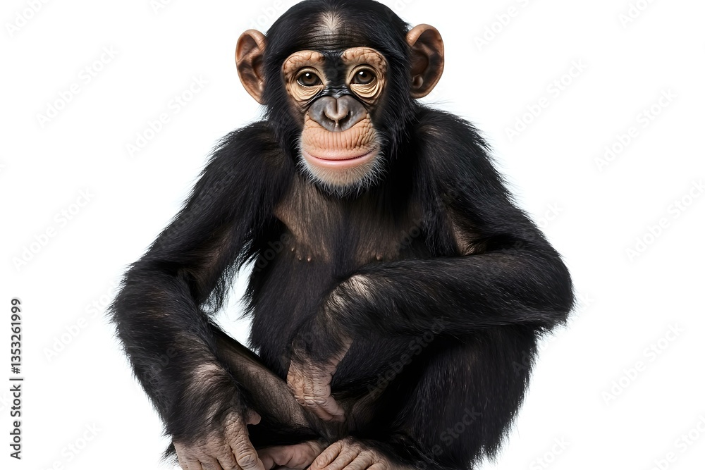 Fototapeta premium Young Chimpanzee, Simia troglodytes, 5 years old, sitting in front of white background