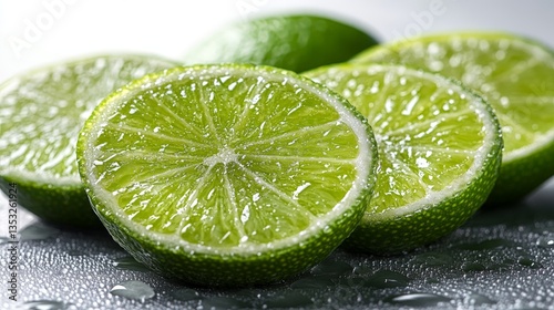 Sliced lime with juice droplets, white background, high detail