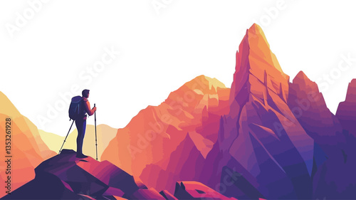 A stylized vector illustration depicting a lone hiker silhouetted against a vibrant gradient mountain range. The hiker stands on a rocky outcrop, holding trekking poles, with a backpack visible. The
