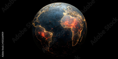 Global Night Glow Simulation Visualization View Digital Art Illustration Graphic Model Sphere Map Visualization Globe Planet View Art Rendering Image Globe Visualization Burning