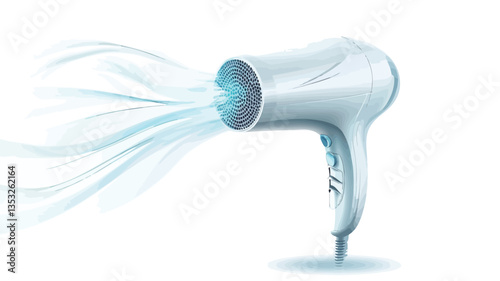 Close-up studio shot of a white handheld hair dryer against a white background. The dryer is angled slightly to the left, and a stylized, light blue airflow is depicted emanating from the nozzle.
